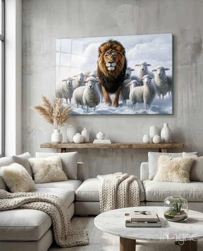 The Lion and the Lambs: Snowy Kingdom Glass Wall Art || Designer Collection