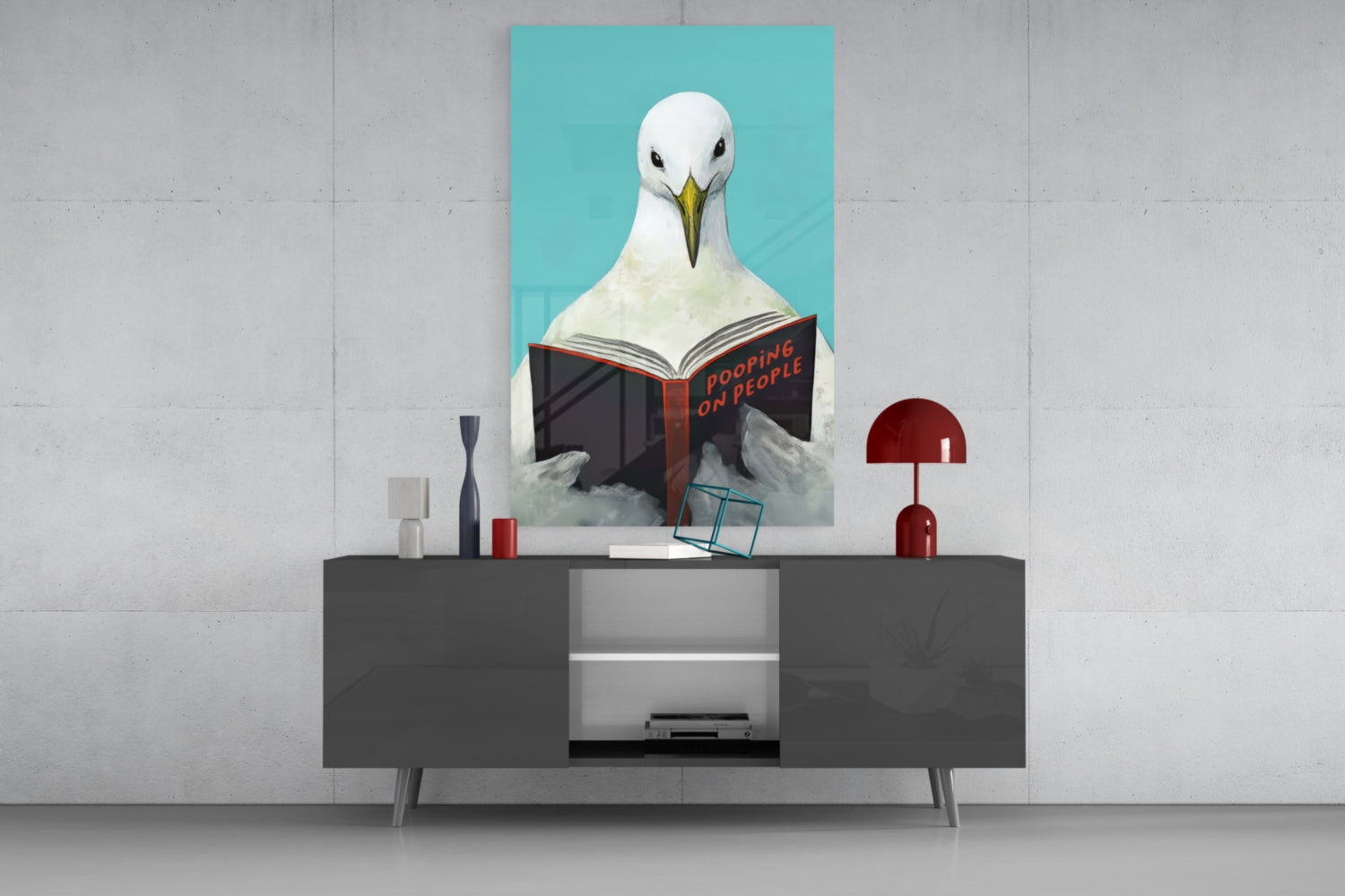 Turquoise Backdrop Seagull Reading Book Glass Wall Art