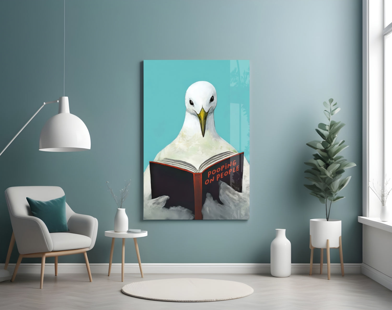 Turquoise Backdrop Seagull Reading Book Glass Wall Art