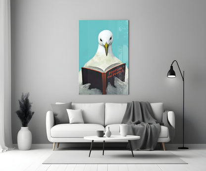 Turquoise Backdrop Seagull Reading Book Glass Wall Art