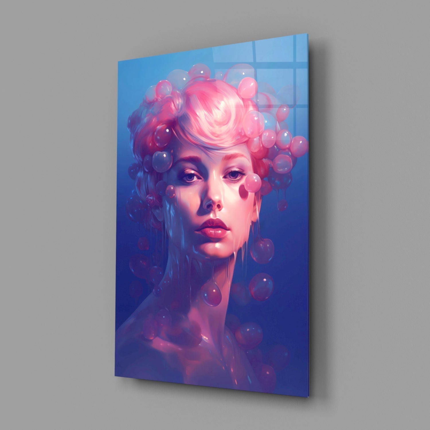 Pink Hair Dripping Bubbles Woman Glass Wall Art