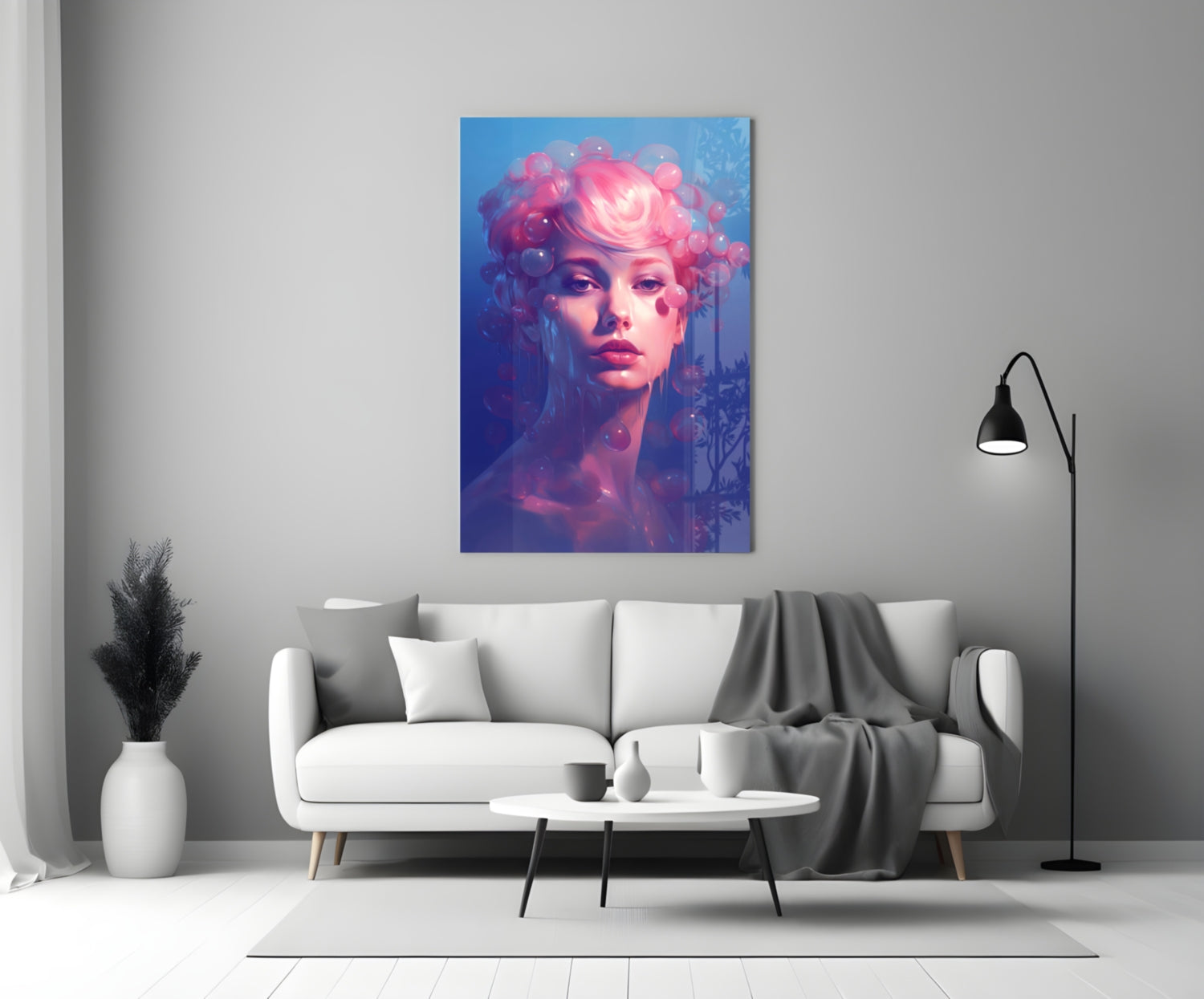 Pink Hair Dripping Bubbles Woman Glass Wall Art
