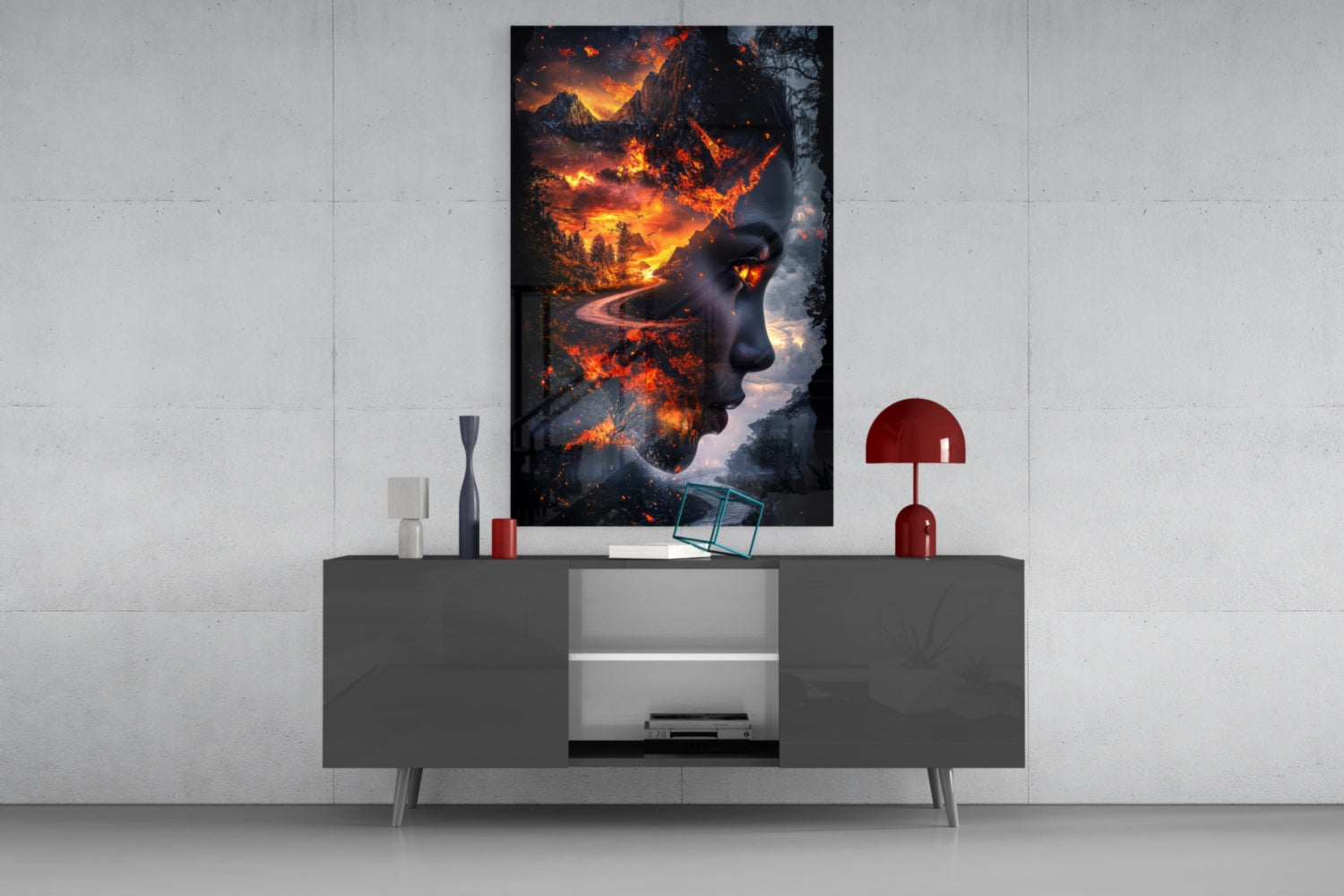 Fiery Valley Double Exposure Face Glass Wall Art