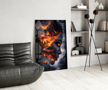 Fiery Valley Double Exposure Face Glass Wall Art