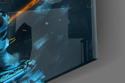 Blue Goddess Statue Gold Neon Rings Glass Wall Art