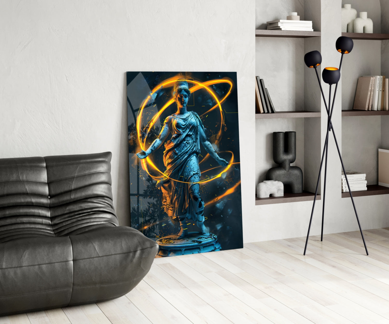 Blue Goddess Statue Gold Neon Rings Glass Wall Art