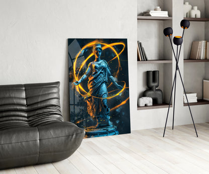 Blue Goddess Statue Gold Neon Rings Glass Wall Art