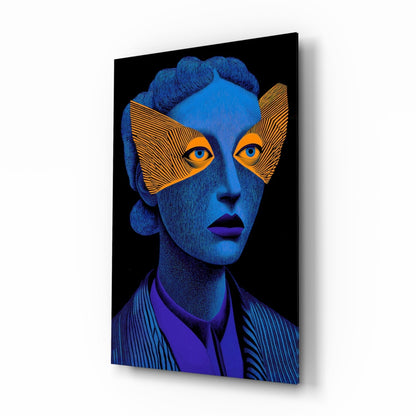 Blue Portrait Orange Geometric Eye Mask Glass Wall Art