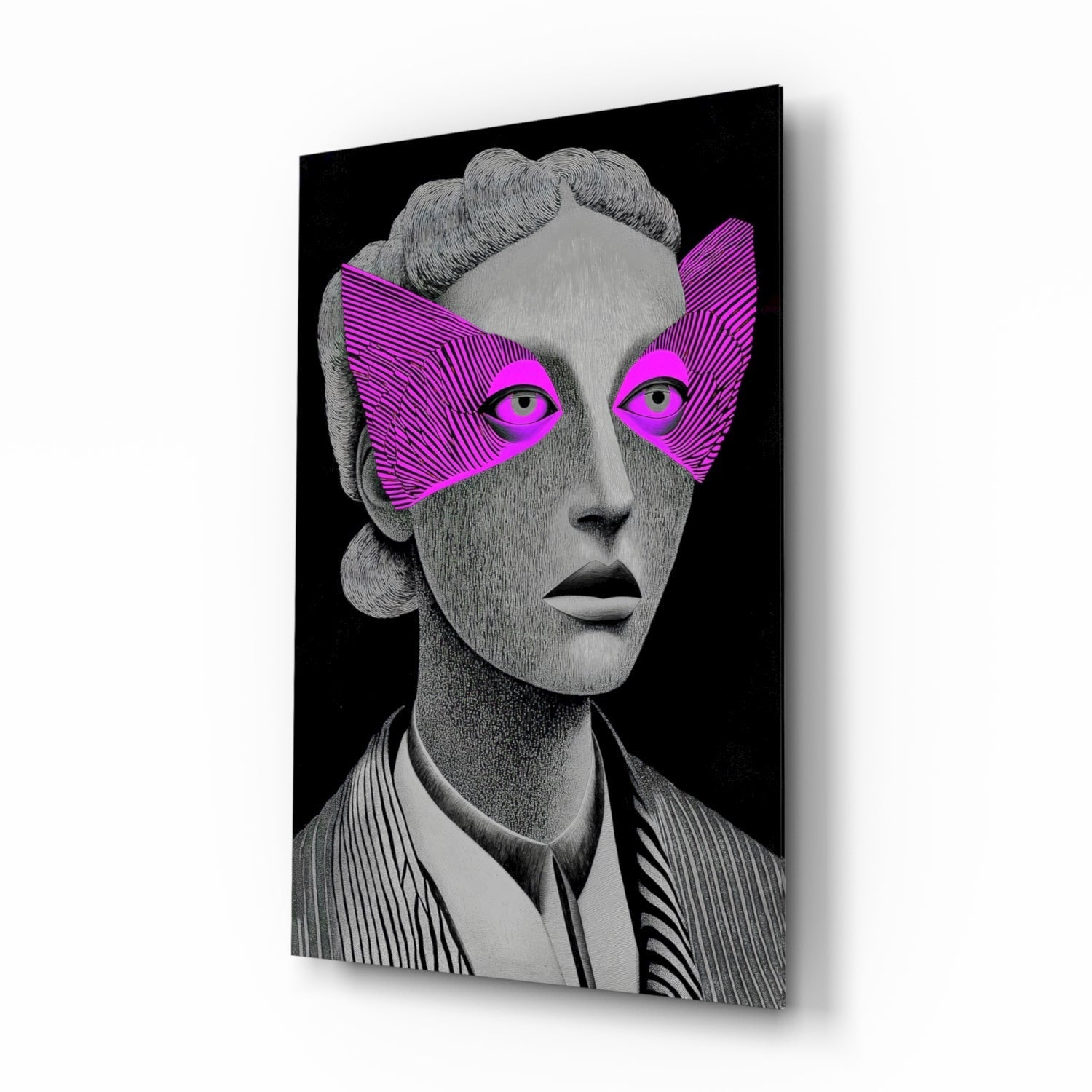 Grayscale Portrait Magenta Eye Mask Glass Wall Art