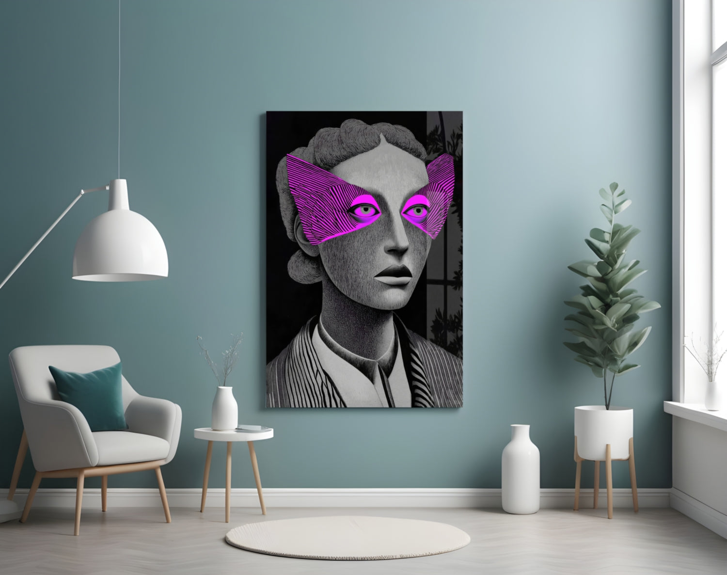 Grayscale Portrait Magenta Eye Mask Glass Wall Art