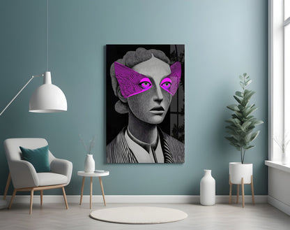 Grayscale Portrait Magenta Eye Mask Glass Wall Art