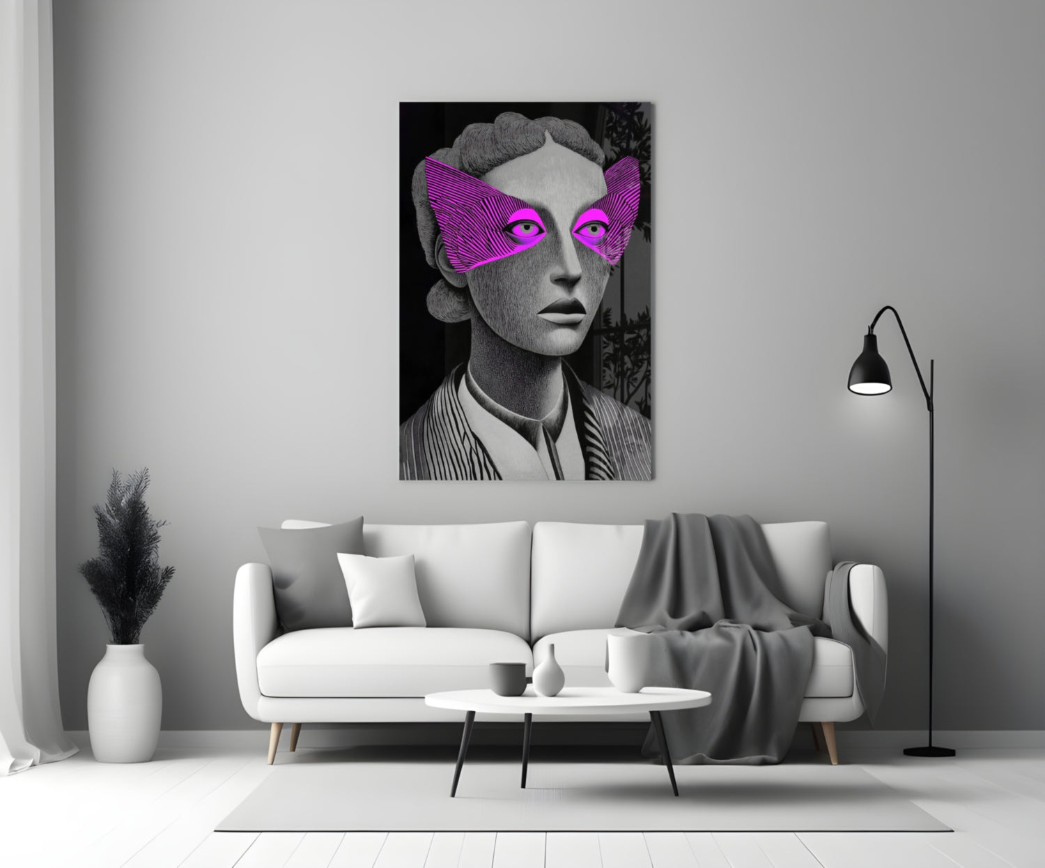 Grayscale Portrait Magenta Eye Mask Glass Wall Art