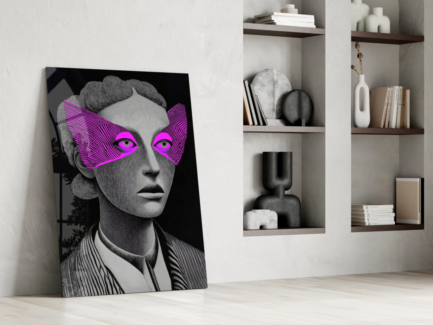 Grayscale Portrait Magenta Eye Mask Glass Wall Art
