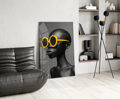 Yellow Round Sunglasses Gray Portrait Glass Wall Art