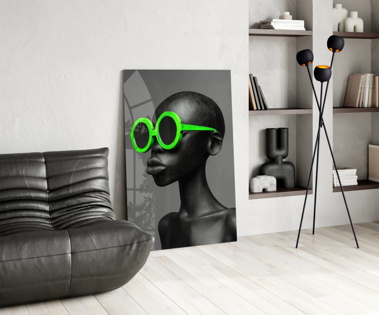 Neon Green Round Sunglasses Gray Portrait Glass Wall Art