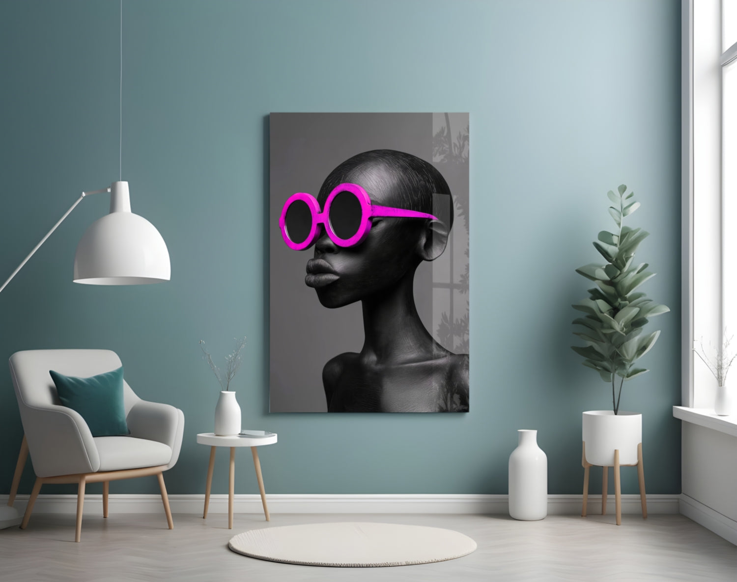 Hot Pink Round Sunglasses Gray Portrait Glass Wall Art