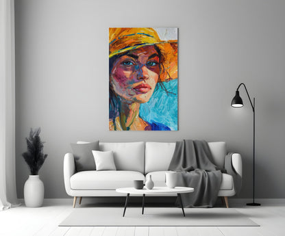 Woman in Orange Hat Glass Wall Art || Designer Collection