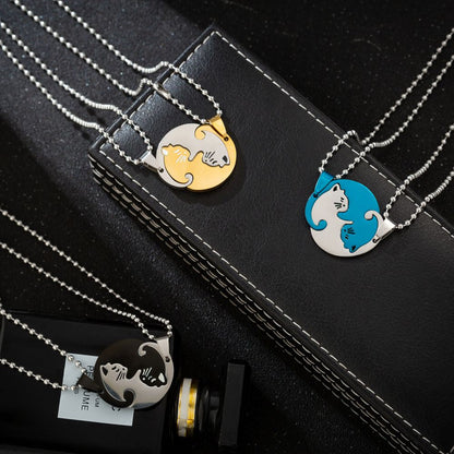 1 Set Couple Charm Cat Pendant Necklace Women Men Stainless Steel Girl Gift Jewelry Blue Cololr