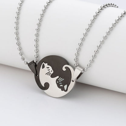 1 Set Couple Charm Cat Pendant Necklace Women Men Stainless Steel Girl Gift Jewelry Blue Cololr