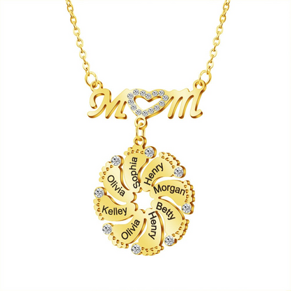 Personalized Diamond Mom Necklace With Crystal Baby Feet Engraved Names Pendant