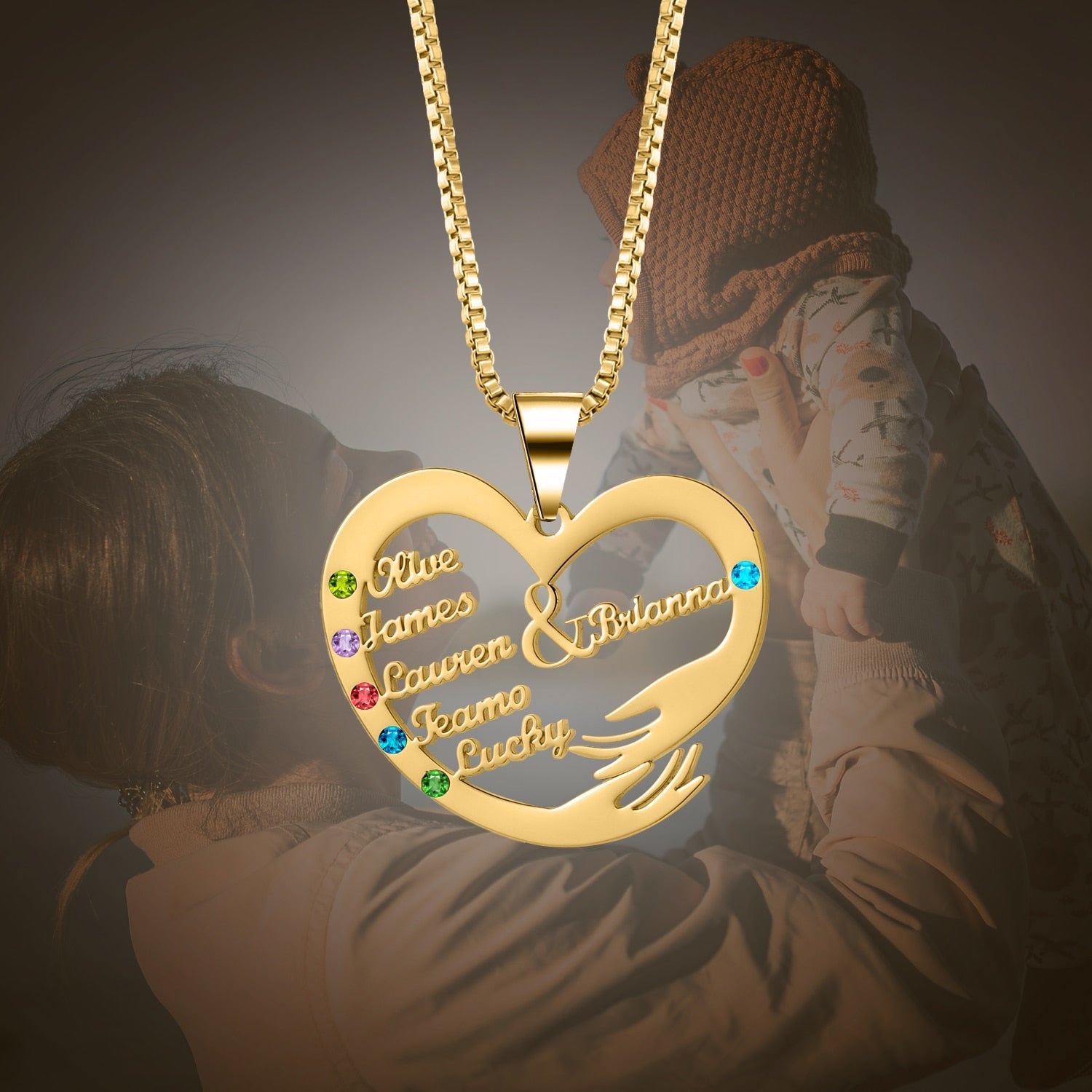 Custom Mom Necklace With Birthstones Personalized Heart Mother And Child Name Pendant
