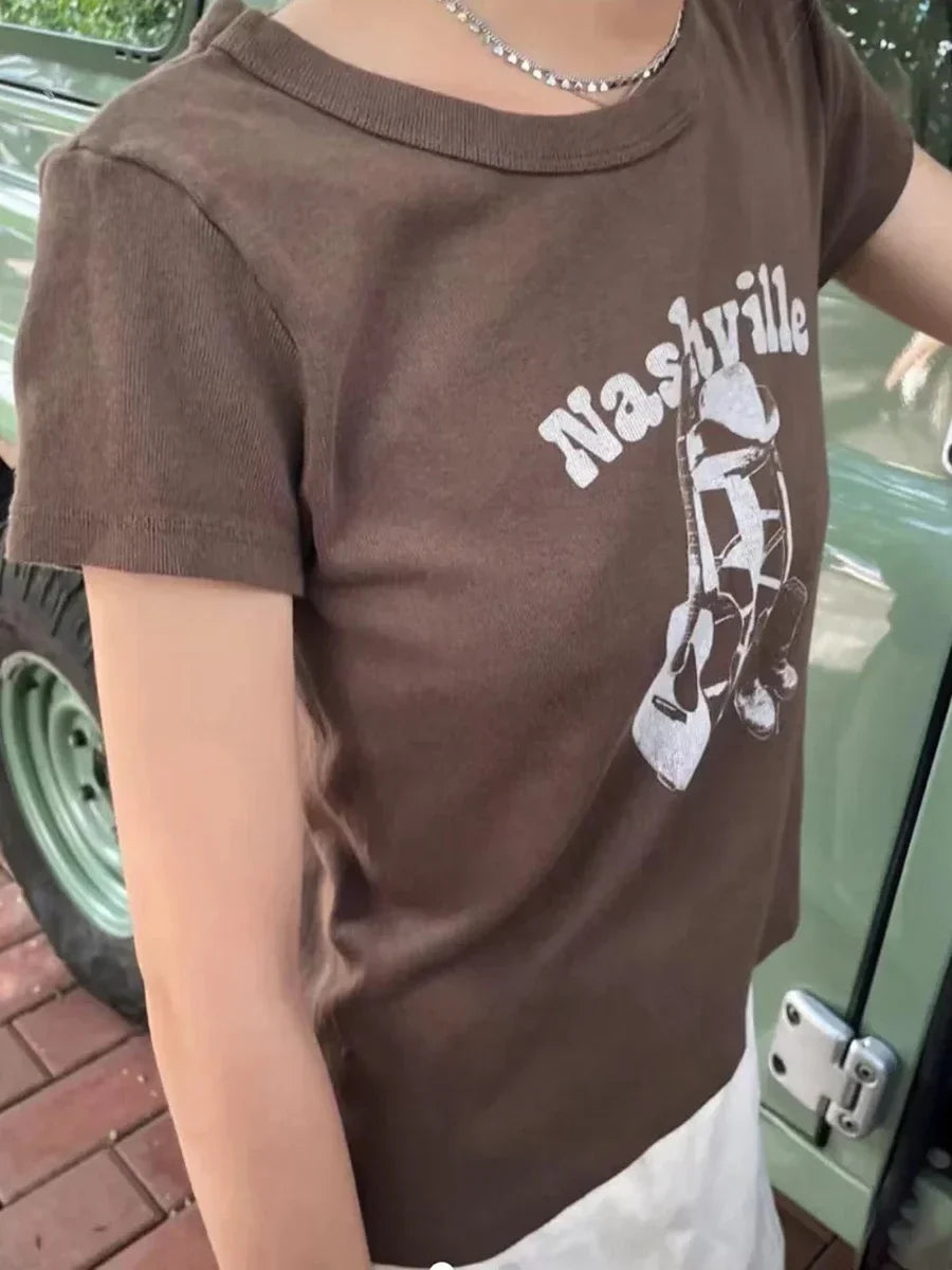 Vintage Brown Guitar Print Slim Tee Tops Women