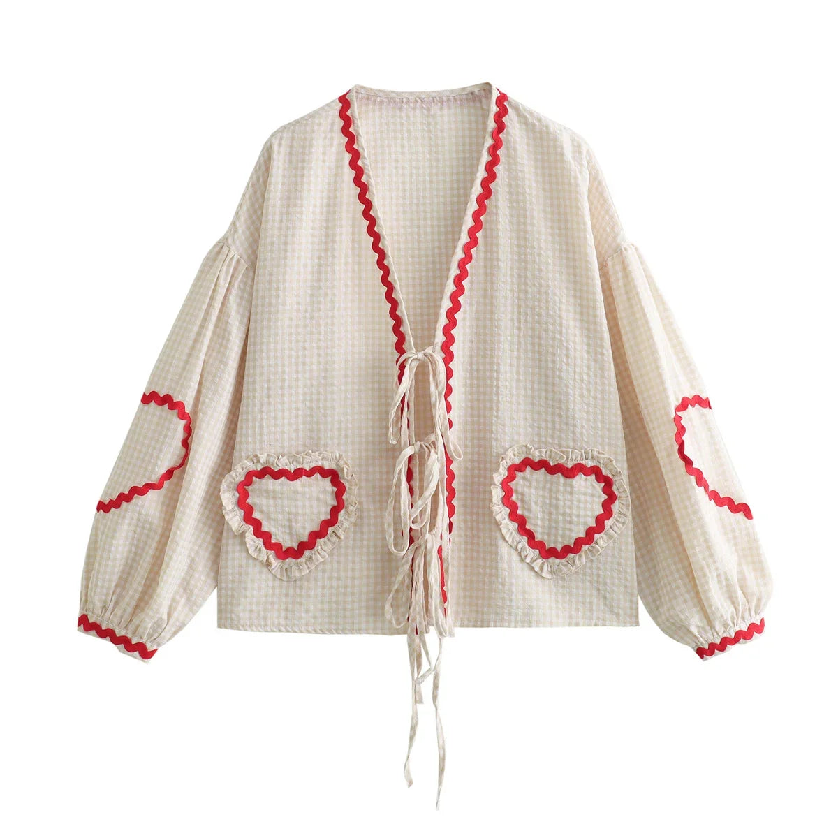 Heart Pockets Ladies V Neck Bow Buttons Blouses