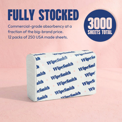 WipeSmith Multifold Paper Towels, 1-Ply, 9.25 x 9.50, White, 250 Towels/Pack, 12 Packs/Carton