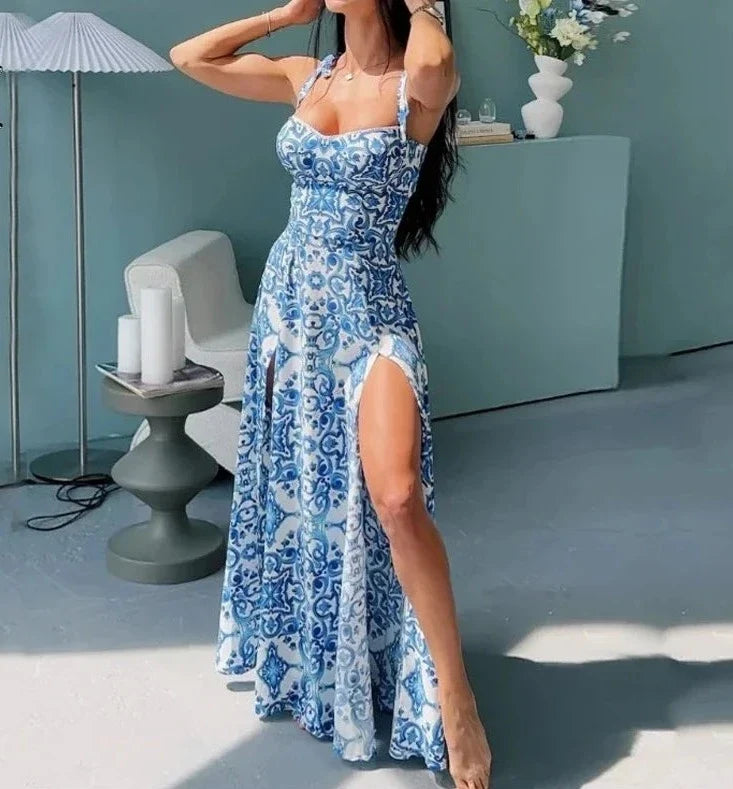 Porcelain Print Slim Strap Sleeveless Tie up Backless Split Dresses