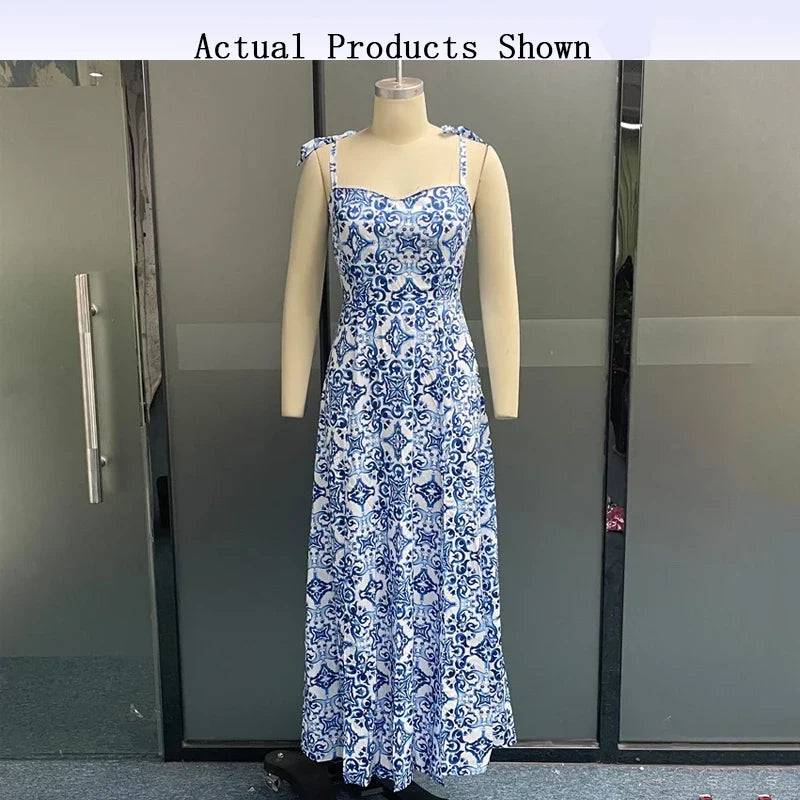 Porcelain Print Slim Strap Sleeveless Tie up Backless Split Dresses