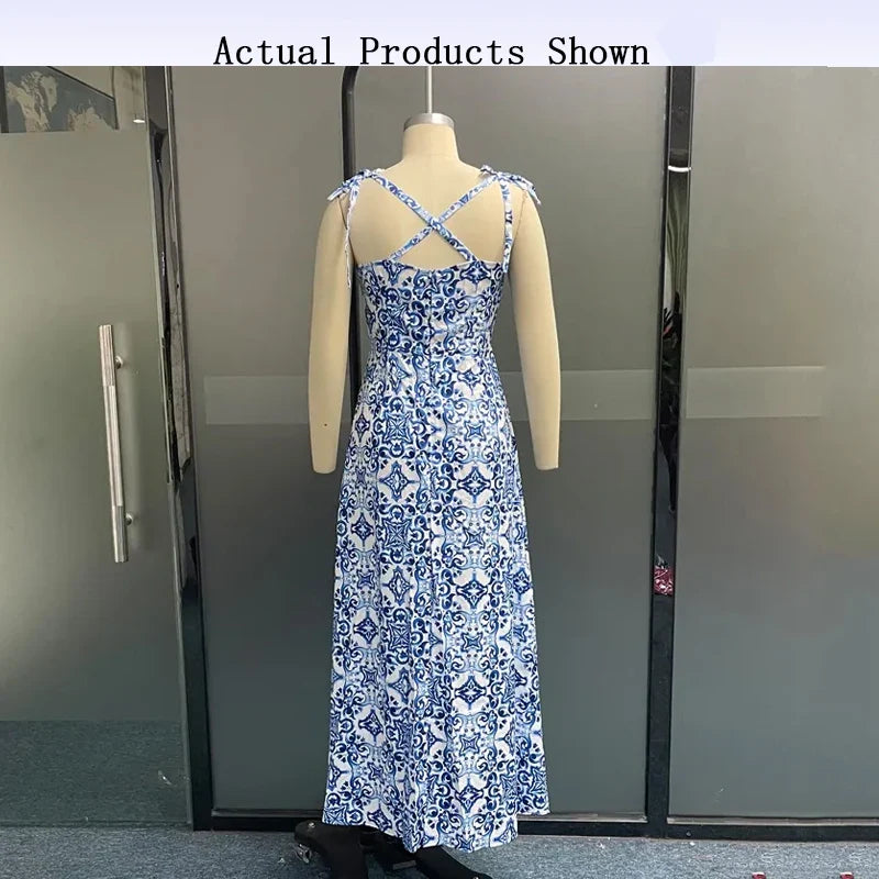 Porcelain Print Slim Strap Sleeveless Tie up Backless Split Dresses