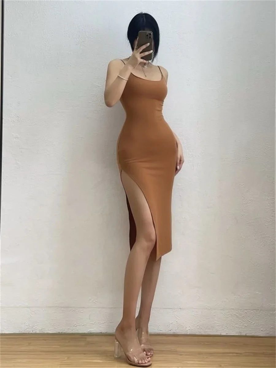 Sleeveless Spaghetti Strap Split Sheath Dress Vestidos