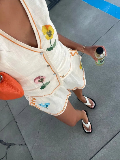 Women Sleeveless Vest Shorts 2 Pieces Set Fashion V Neck Single Breasted Vest