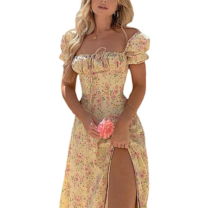 Puff Short Sleeves Lace Up Chest Floral Printed High Splitting Long Skirt