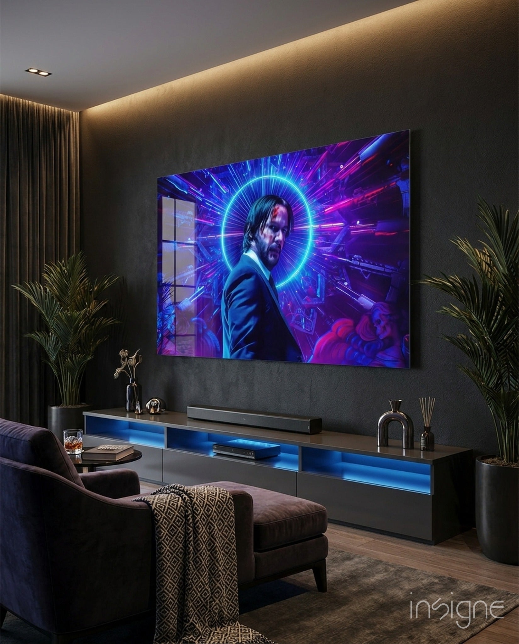 Neon Ring Suited Man Purple Glass Wall Art
