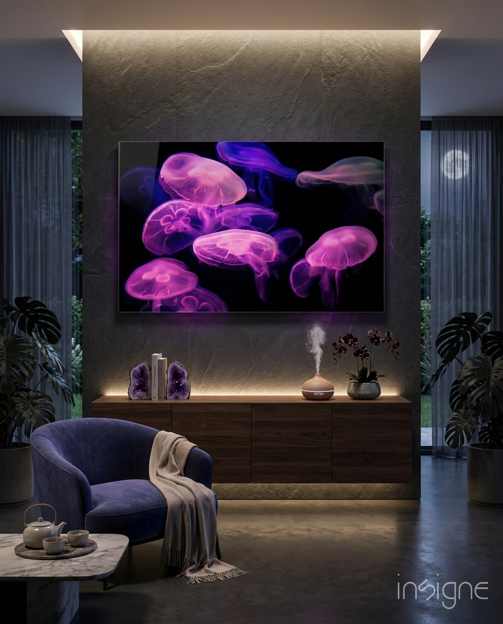 Pink Glowing Jellyfish Cluster Glass Wall Art