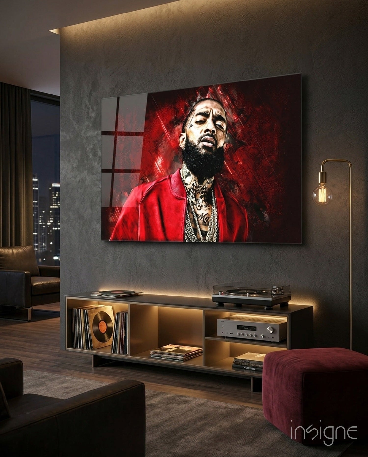 Crimson Backdrop Gold Chain Rapper Glass Wall Art