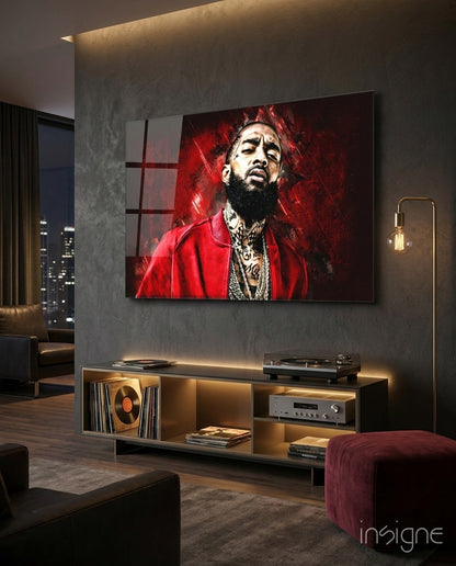 Crimson Backdrop Gold Chain Rapper Glass Wall Art