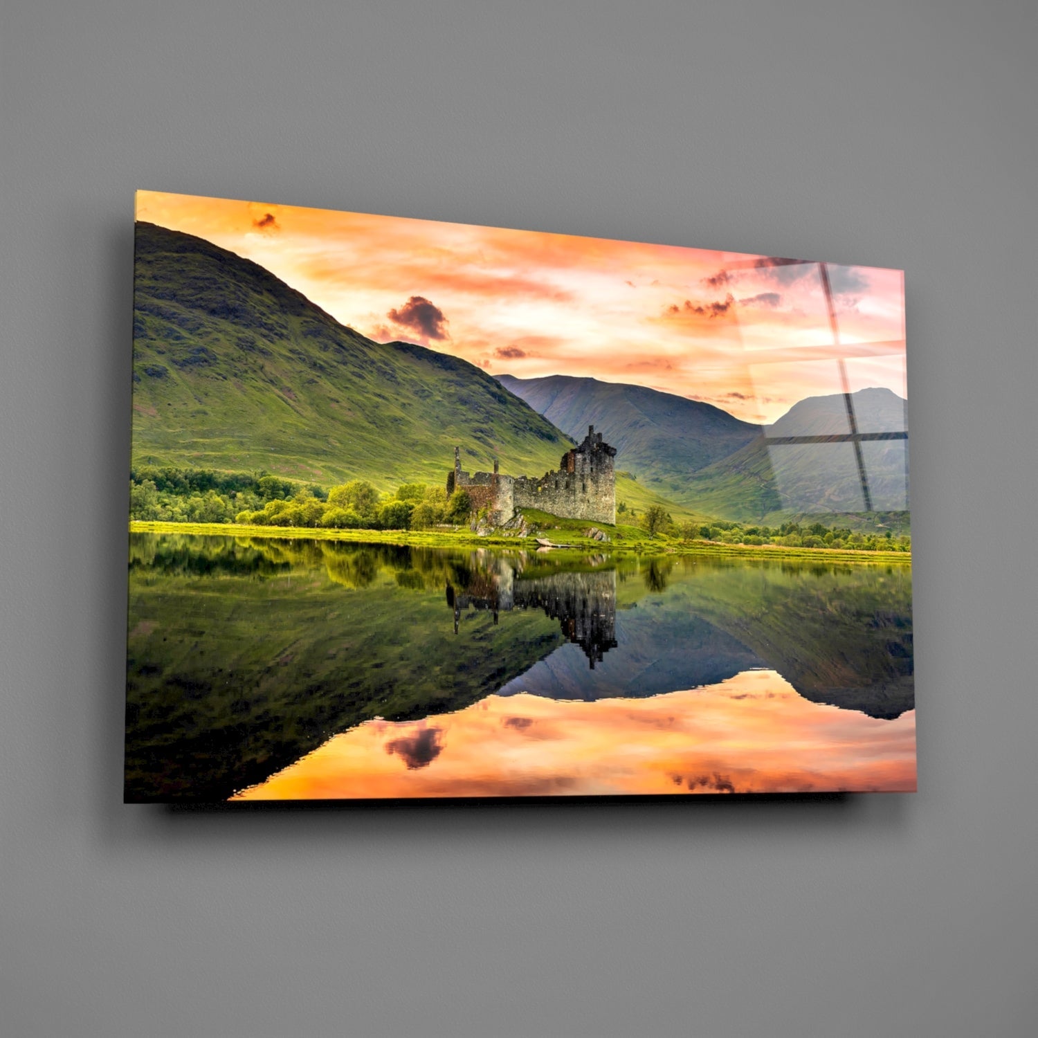 Highland Castle Sunset Reflection Glass Wall Art