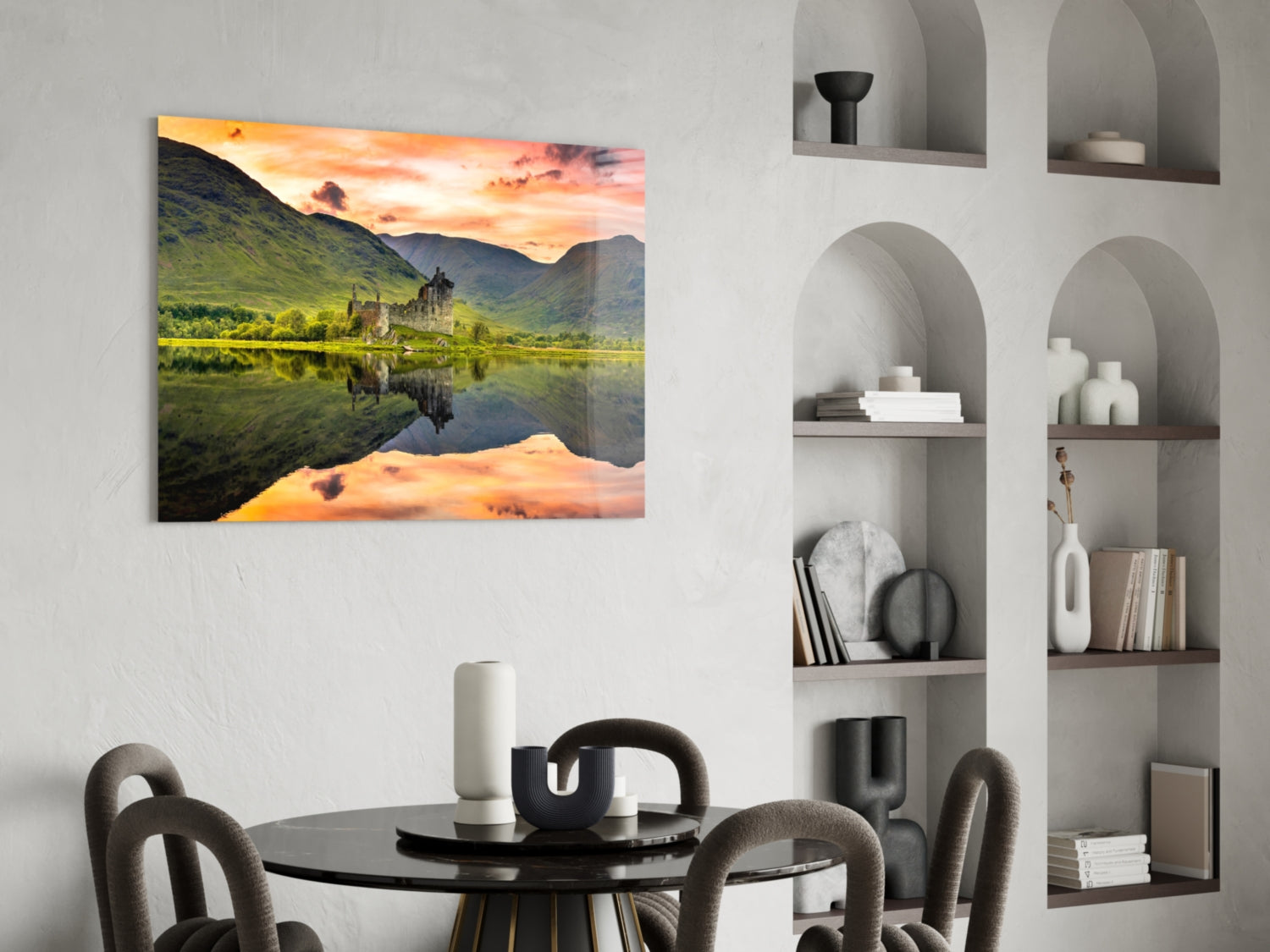 Highland Castle Sunset Reflection Glass Wall Art