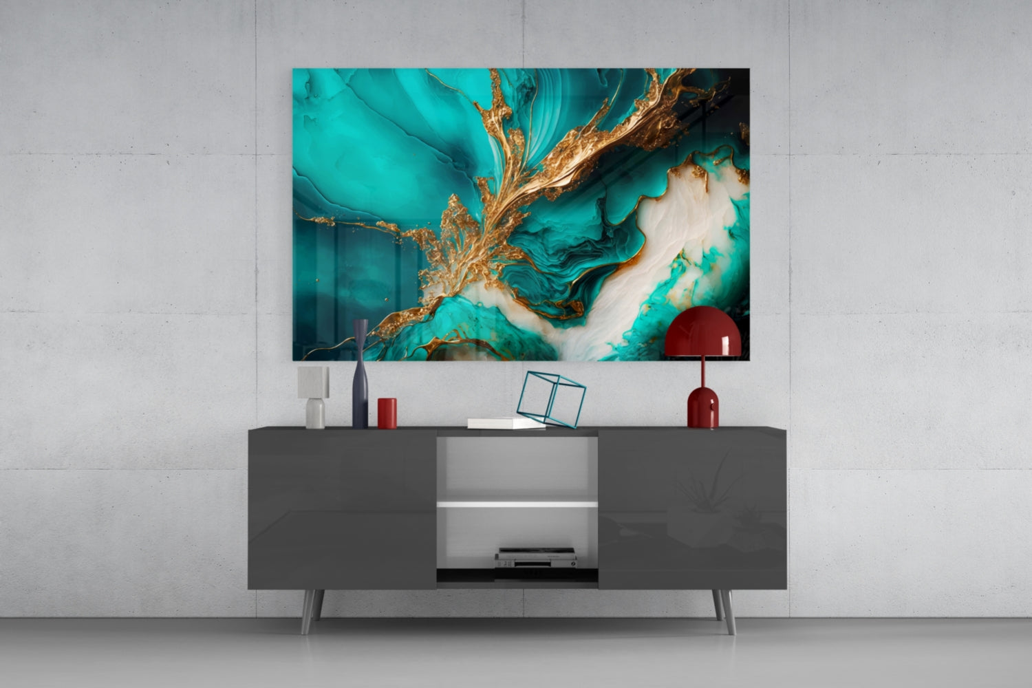 Ethereal Turquoise Gold Splash Glass Wall Art