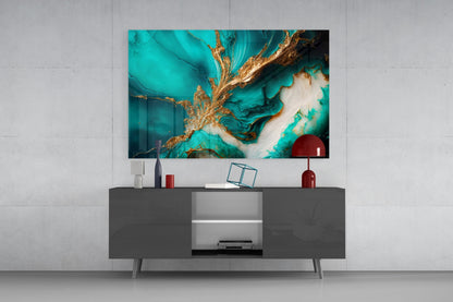 Ethereal Turquoise Gold Splash Glass Wall Art