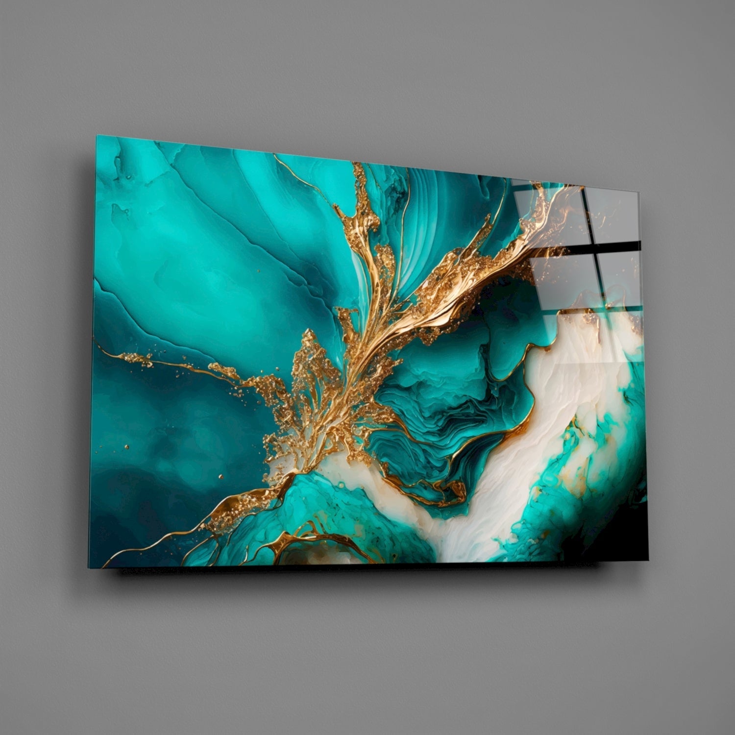 Ethereal Turquoise Gold Splash Glass Wall Art