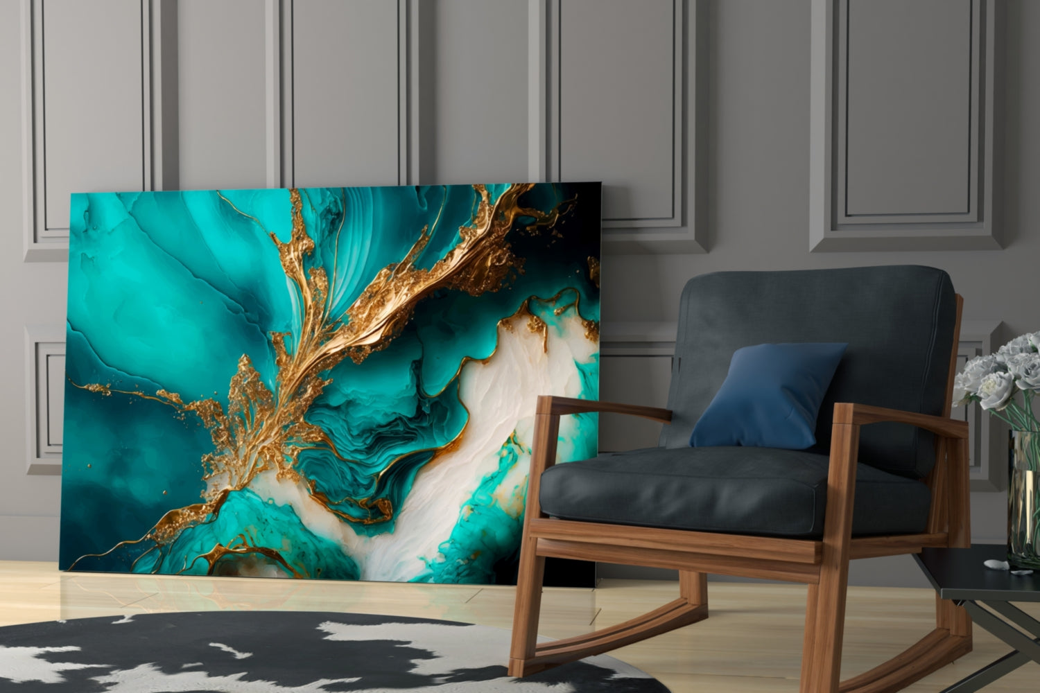 Ethereal Turquoise Gold Splash Glass Wall Art