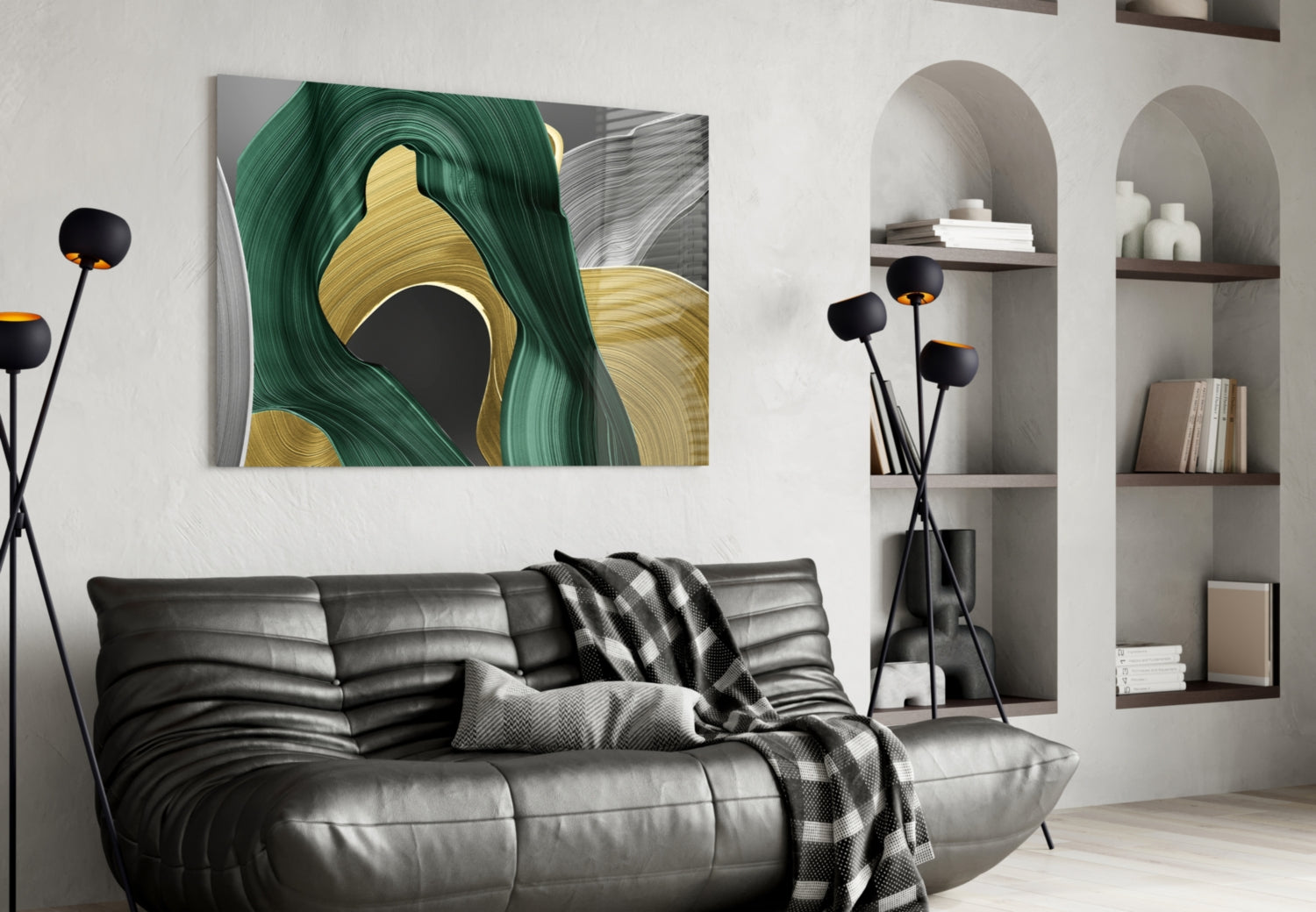 Elegant Swirls in Gold and Green Glass Wall Art