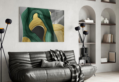 Elegant Swirls in Gold and Green Glass Wall Art