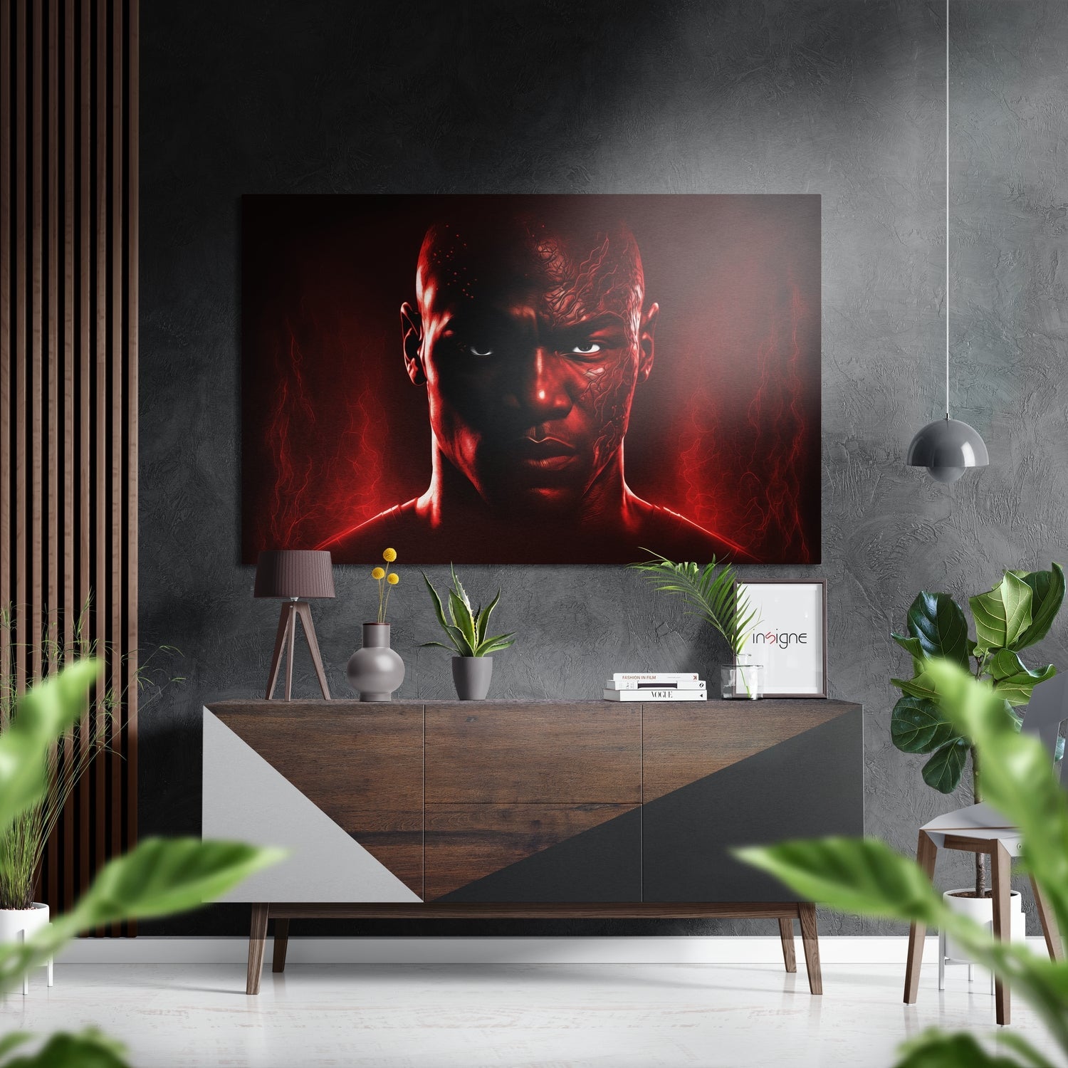 Crimson Glow Cracked Warrior Face Brushed Aluminum Dibond Wall Art