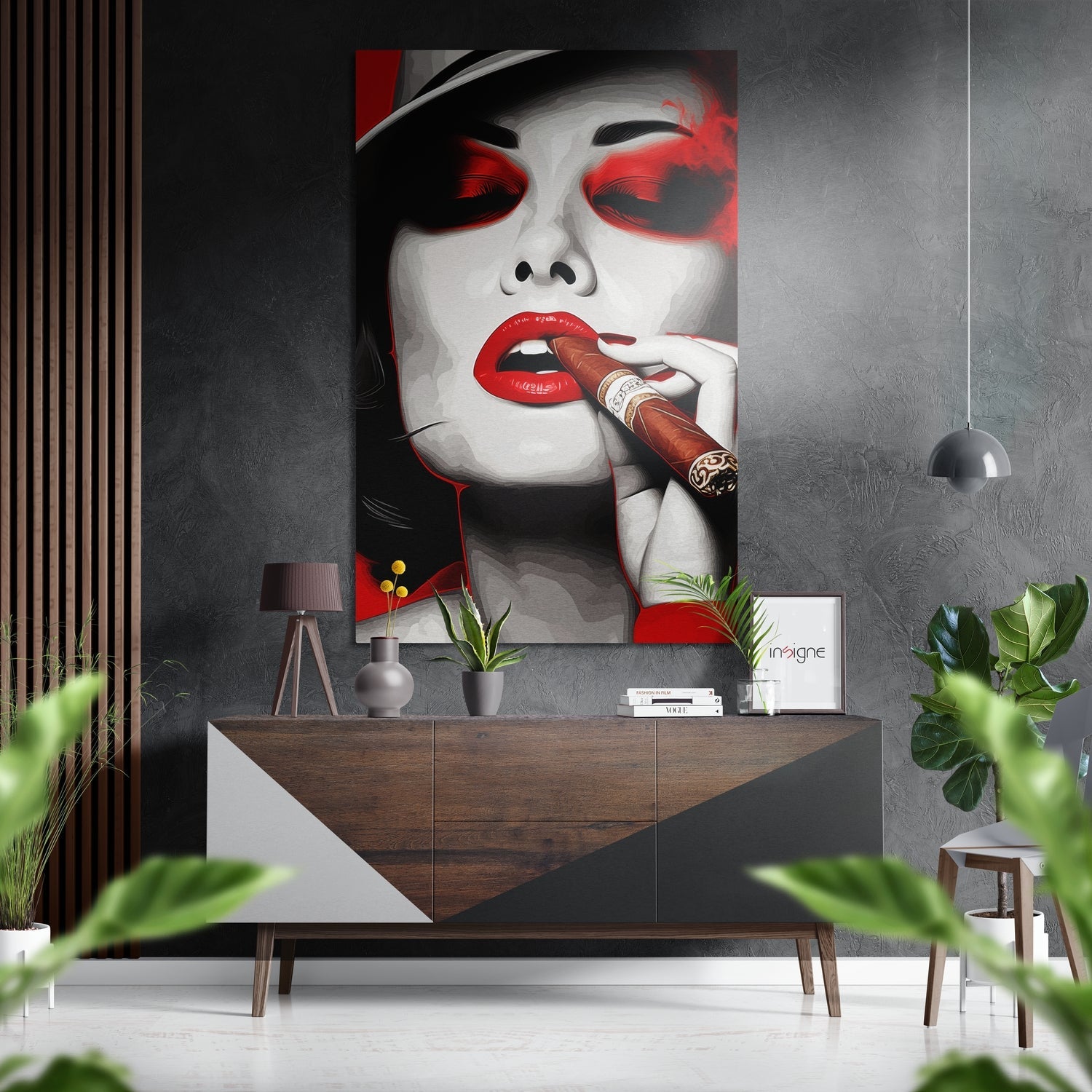 Red Sunglasses Fedora Woman With Cigar Brushed Aluminum Dibond Wall Art