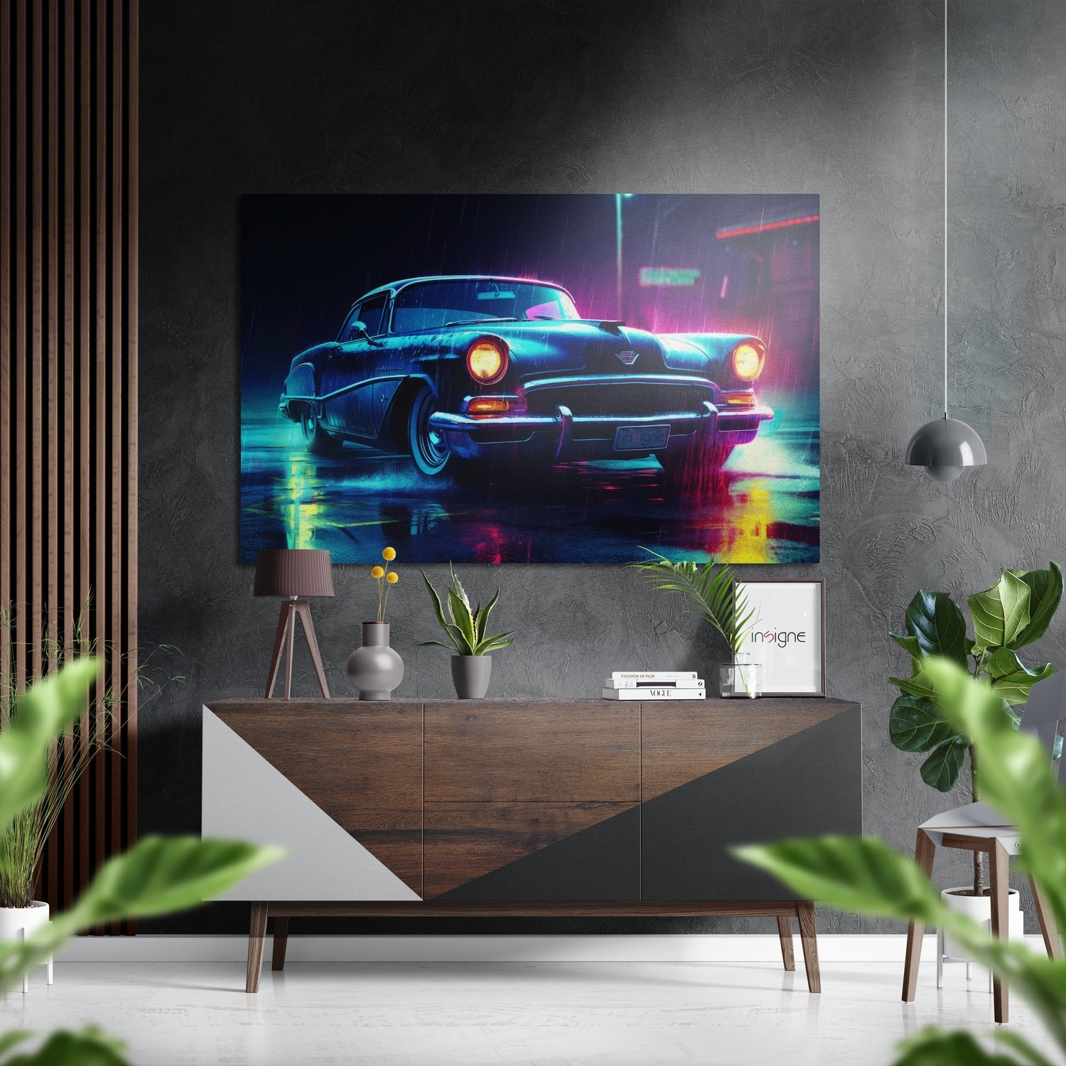 Vintage Coupe on Neon Rainy Street Brushed Aluminum Dibond Wall Art
