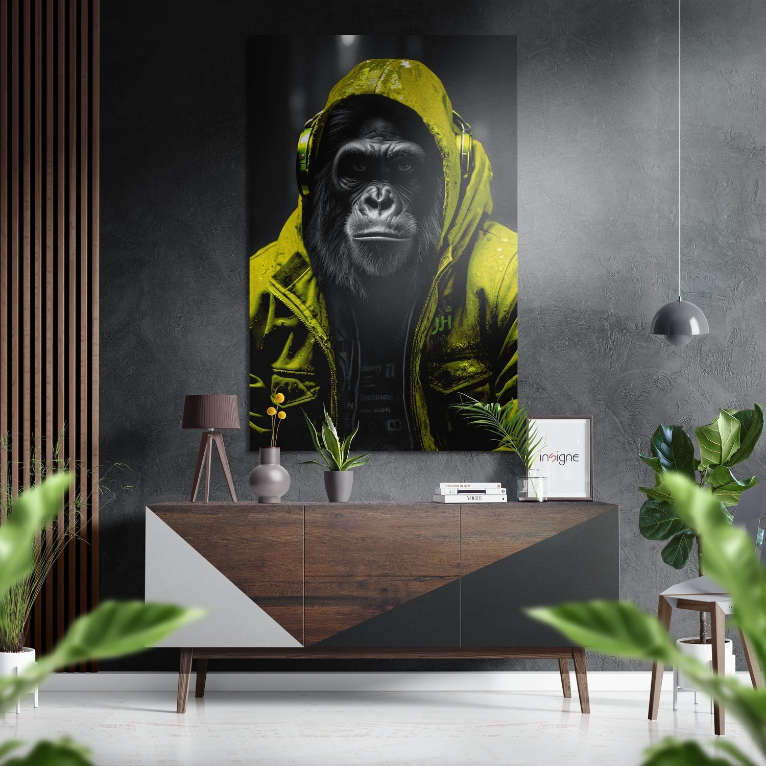 Yellow Hoodie DJ Gorilla Aluminum Brushed Aluminum Dibond Wall Art